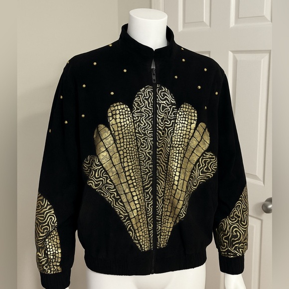 Julian K. Vintage Black & Gold Woman’s Leather Bomber Jacket M Art Deco Style - Picture 3 of 6